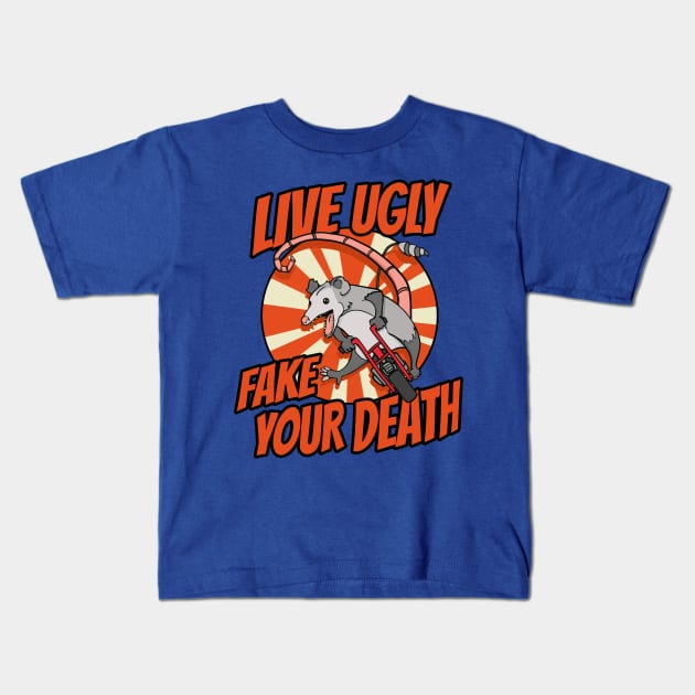 Live Ugly Fake Your Death Possum Riding Minibike Kids T-Shirt by Huhnerdieb Apparel